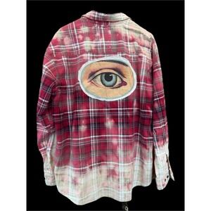 Distressed Red Plaid Eye Flannel XL XXL Folk Art Grunge Cottagecore